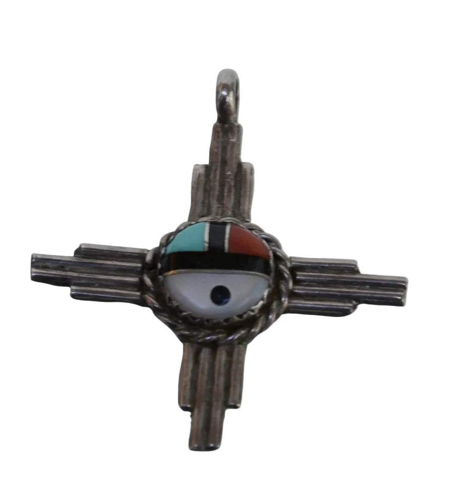 Zuni New Mexico Silver and Inlaid Sunface Cross Pendant