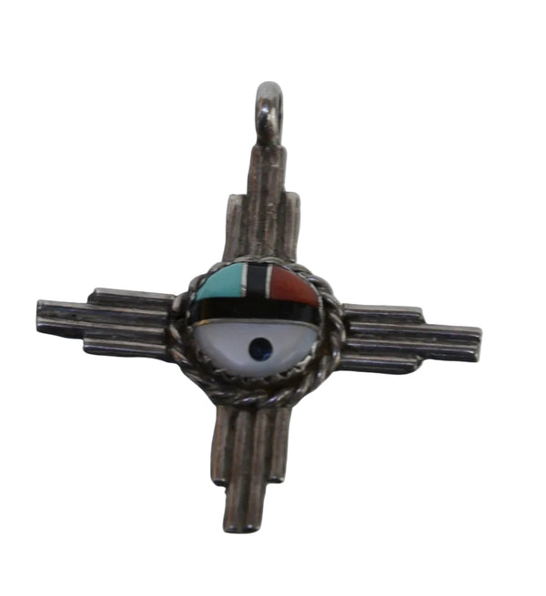 Zuni New Mexico Silver and Inlaid Sunface Cross Pendant