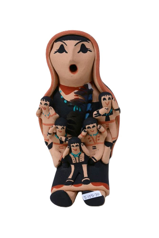 Jemez Storyteller pottery 5 children with blue feathers Edwina Tortalita 7" x 4"