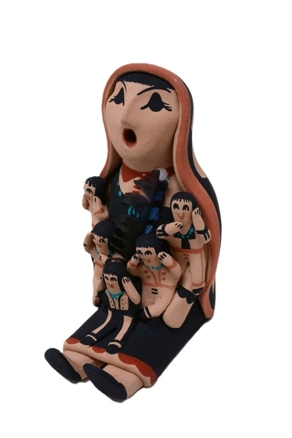 Jemez Storyteller pottery 5 children with blue feathers Edwina Tortalita 7" x 4"