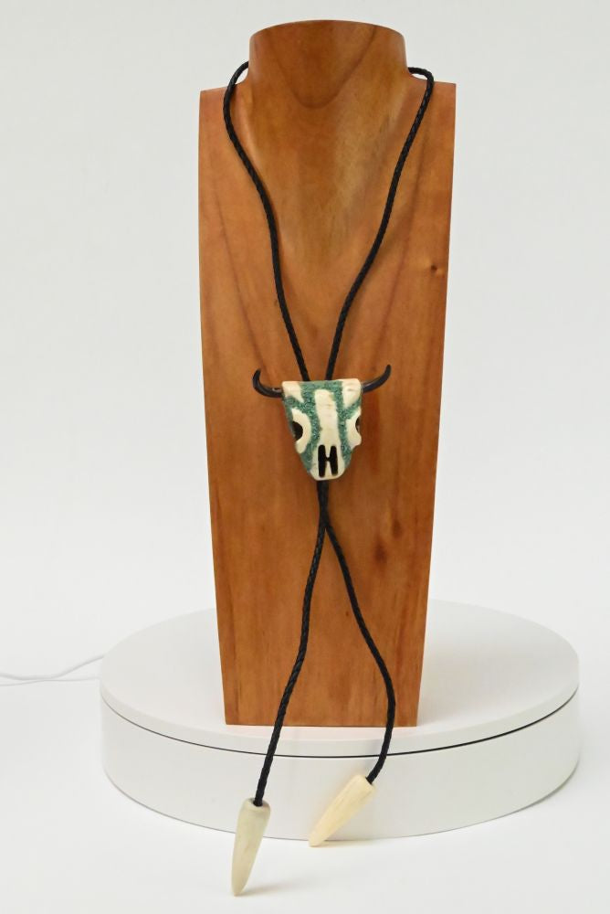 Handsome Bone Buffalo Skull Bolo with Turquoise