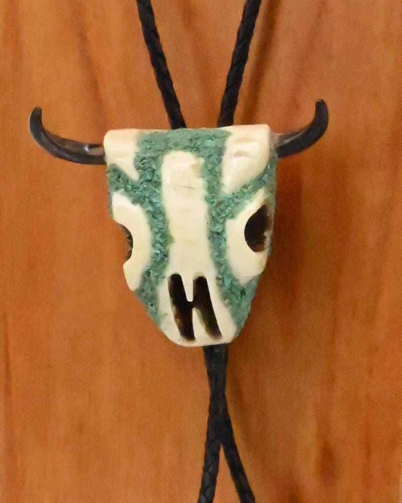Handsome Bone Buffalo Skull Bolo with Turquoise