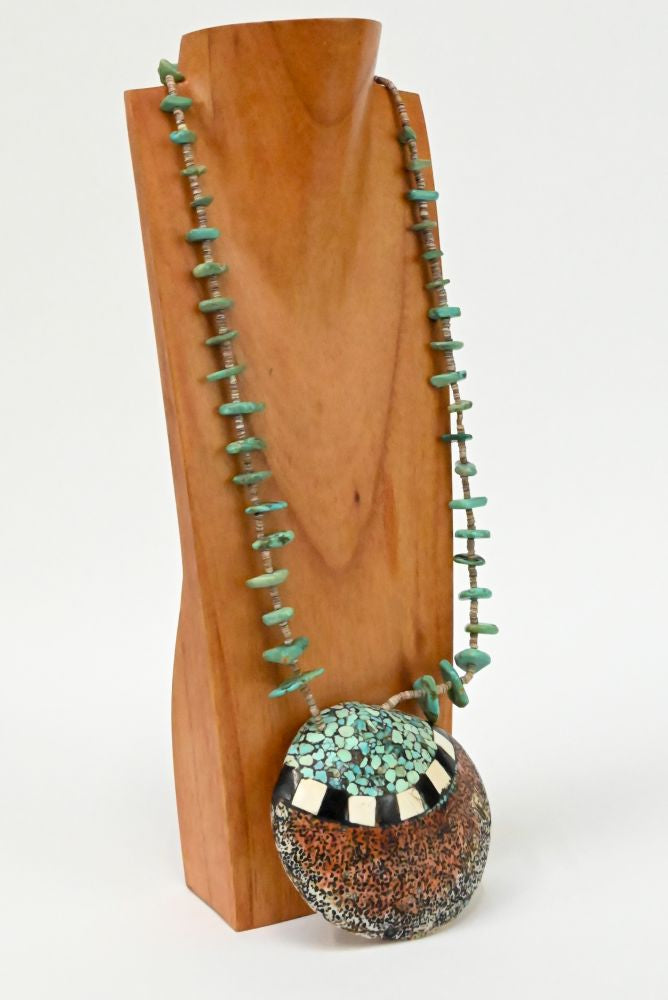 Large Santo Domingo Inlaid Shell with Turquoise Tab and Heishi Necklace
