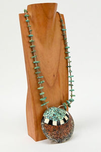 Large Santo Domingo Inlaid Shell with Turquoise Tab and Heishi Necklace