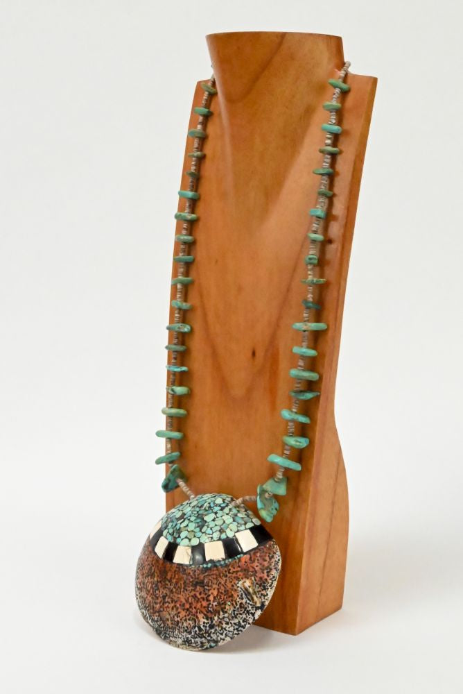 Large Santo Domingo Inlaid Shell with Turquoise Tab and Heishi Necklace