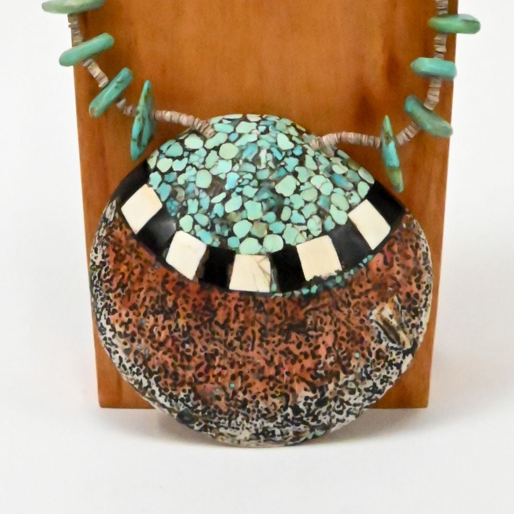 Large Santo Domingo Inlaid Shell with Turquoise Tab and Heishi Necklace