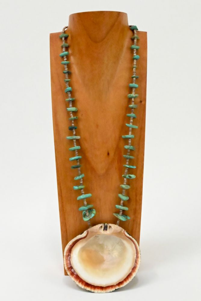 Large Santo Domingo Inlaid Shell with Turquoise Tab and Heishi Necklace