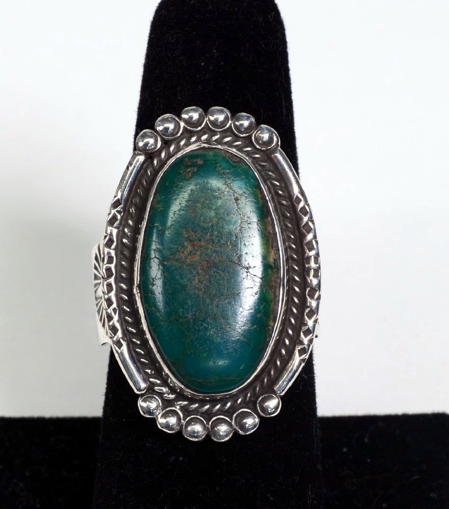 Navajo Sterling Silver Ring with deep green Turquoise setting Size 9