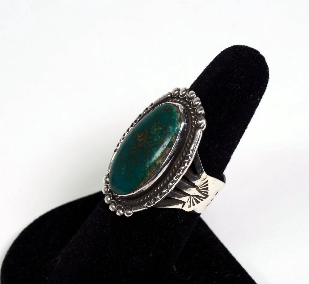 Navajo Sterling Silver Ring with deep green Turquoise setting Size 9