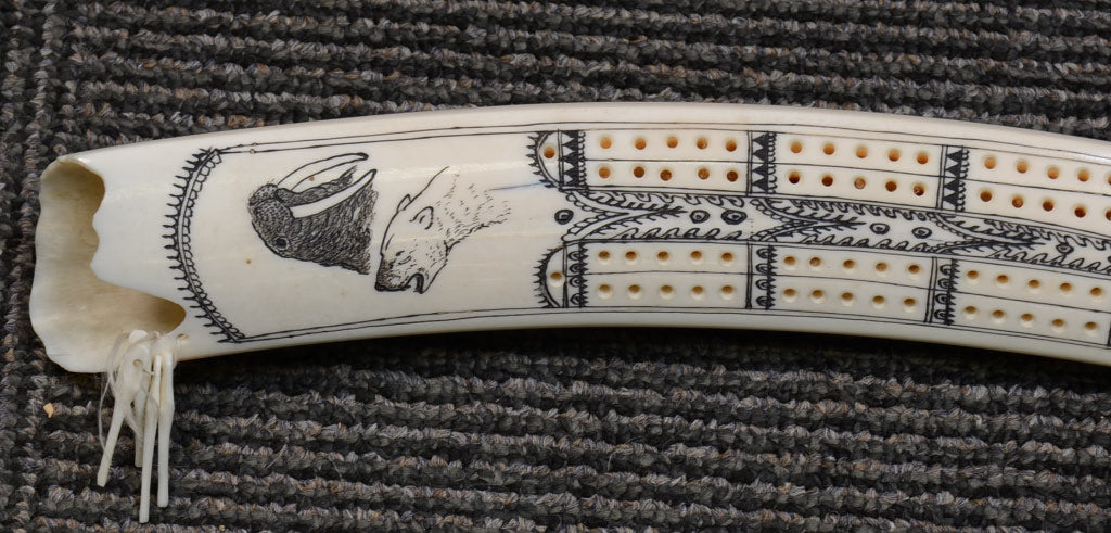 Inuit Walrus Rusk Cribbage Board by Pelowook; Carl Pelowook Sr