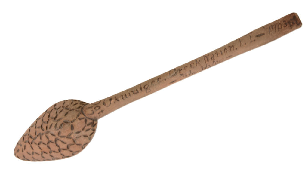 Creek Wooden Spoon inscribed "Oct 17 Okwulgee Creek Nation I.T. -1903 Tola Hatche"