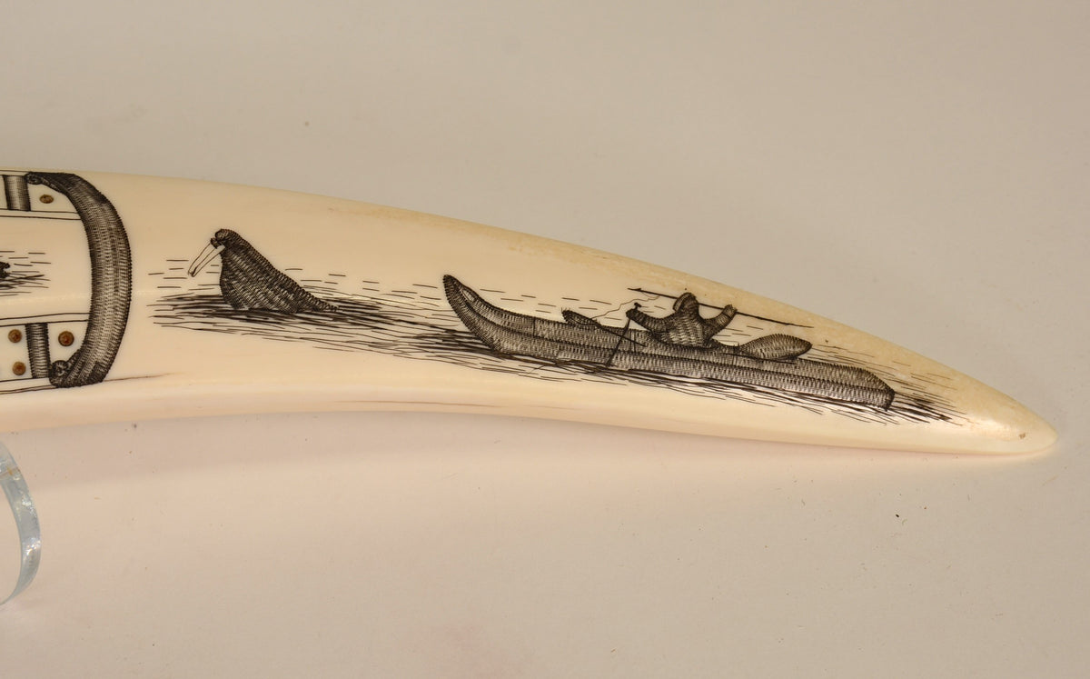 Eskimo Walrus Ivory Cribbage Board with Scrimshaw