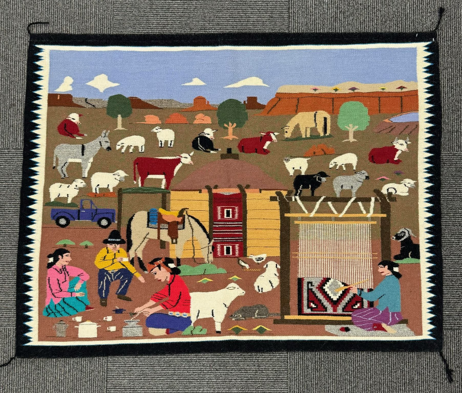Navajo Reservation Life Pictorial Rug by Renowned Weaver Florence