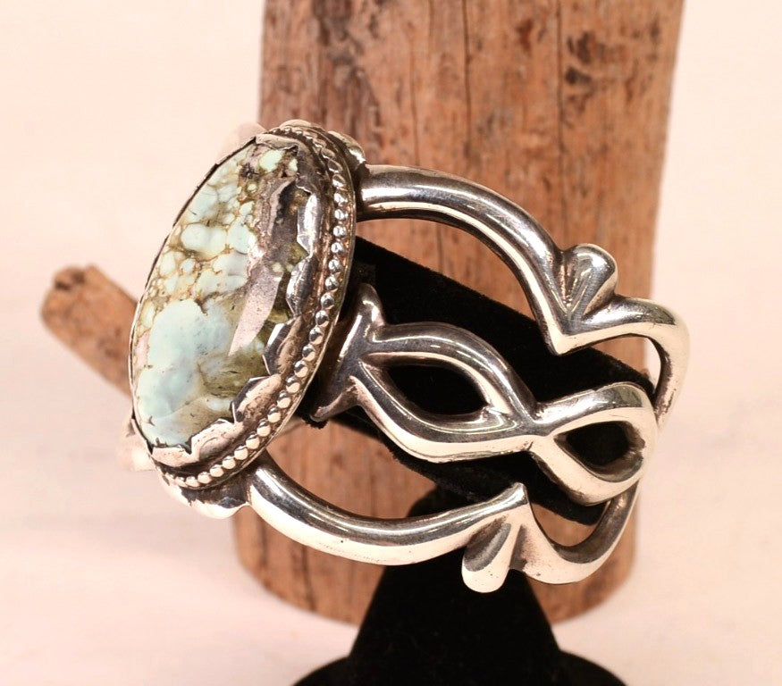 Navajo Sterling Silver Sand Cast Bracelet with Natural Turquoise Setting