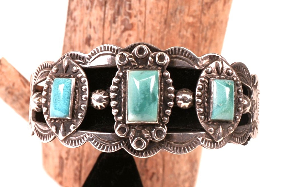 Navajo Sterling Silver 3 Rectangle Turquoise Settings Bracelet