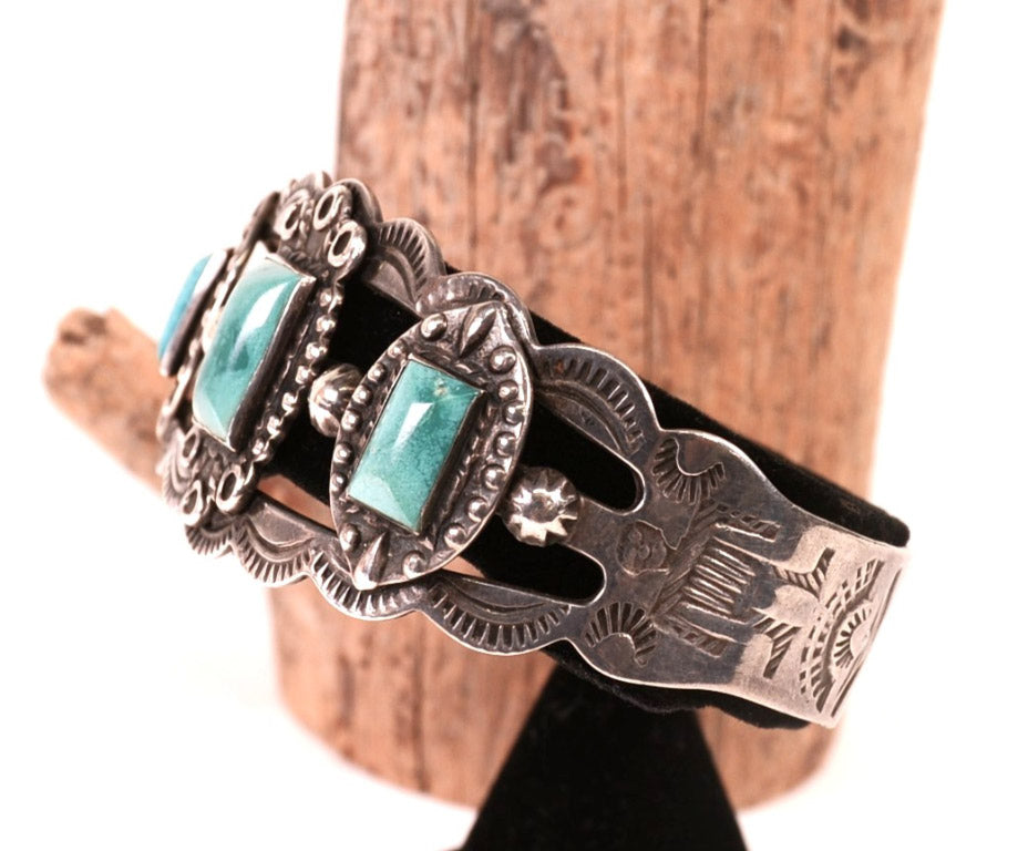 Navajo Sterling Silver 3 Rectangle Turquoise Settings Bracelet