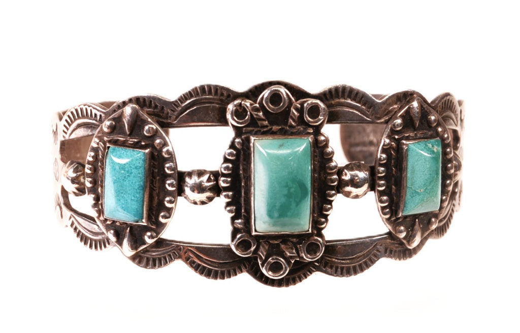 Navajo Sterling Silver 3 Rectangle Turquoise Settings Bracelet