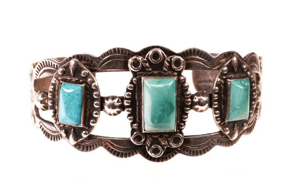 Navajo Sterling Silver 3 Rectangle Turquoise Settings Bracelet