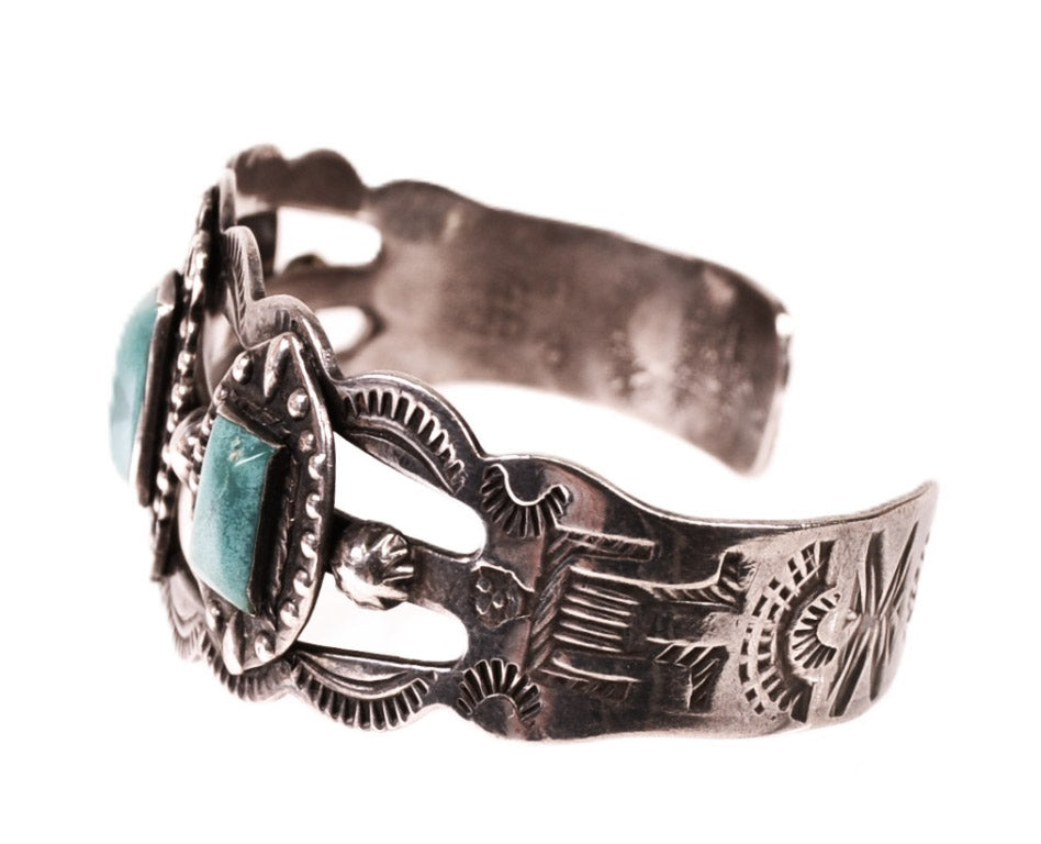 Navajo Sterling Silver 3 Rectangle Turquoise Settings Bracelet