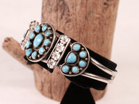 Zuni Sterling Silver Bracelet with 22 Blue Round Turquoise Settings in Flower Design
