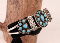 Zuni Sterling Silver Bracelet with 22 Blue Round Turquoise Settings in Flower Design