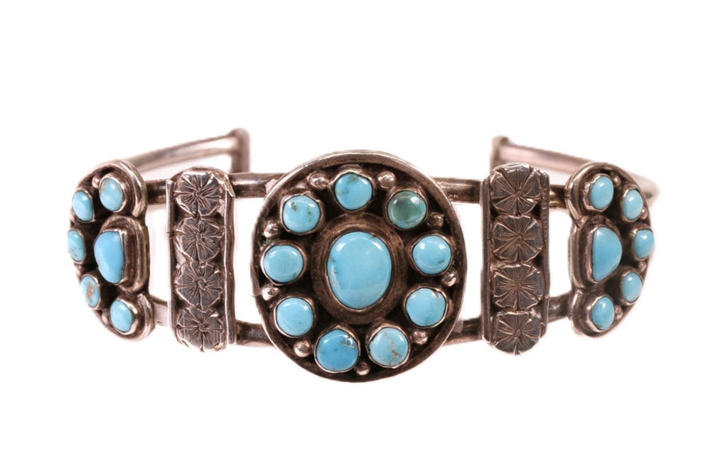 Zuni Sterling Silver Bracelet with 22 Blue Round Turquoise Settings in Flower Design