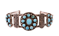 Zuni Sterling Silver Bracelet with 22 Blue Round Turquoise Settings in Flower Design