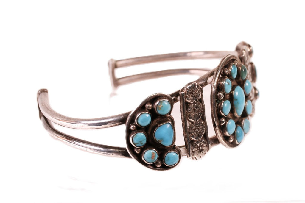 Zuni Sterling Silver Bracelet with 22 Blue Round Turquoise Settings in Flower Design