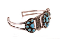 Zuni Sterling Silver Bracelet with 22 Blue Round Turquoise Settings in Flower Design