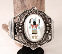 Navajo Sterling Silver Bracelet with Inlaid Dancer Motif By Paul Lawrence