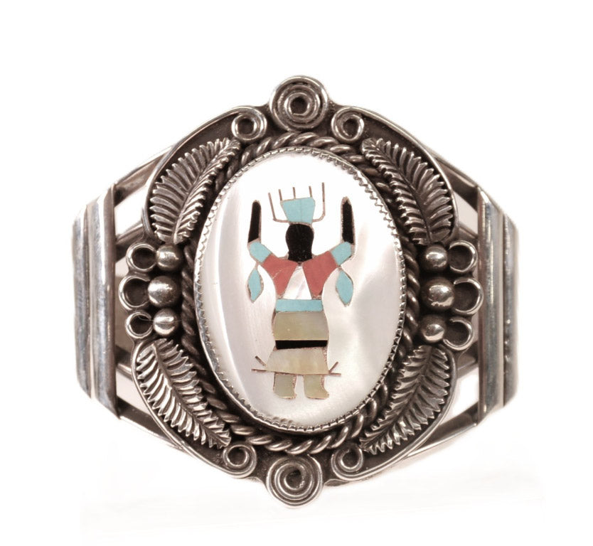 Navajo Sterling Silver Bracelet with Inlaid Dancer Motif By Paul Lawrence