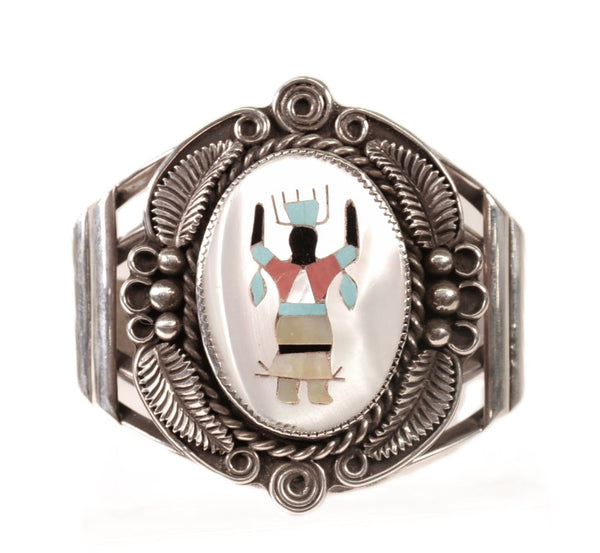Navajo Sterling Silver Bracelet with Inlaid Dancer Motif By Paul Lawrence