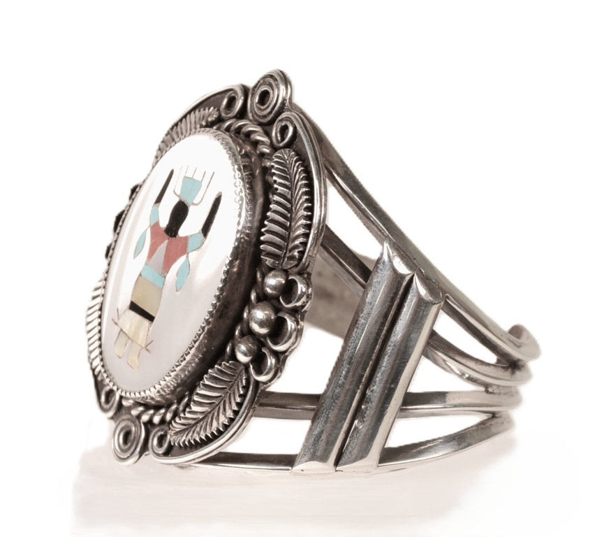 Navajo Sterling Silver Bracelet with Inlaid Dancer Motif By Paul Lawrence