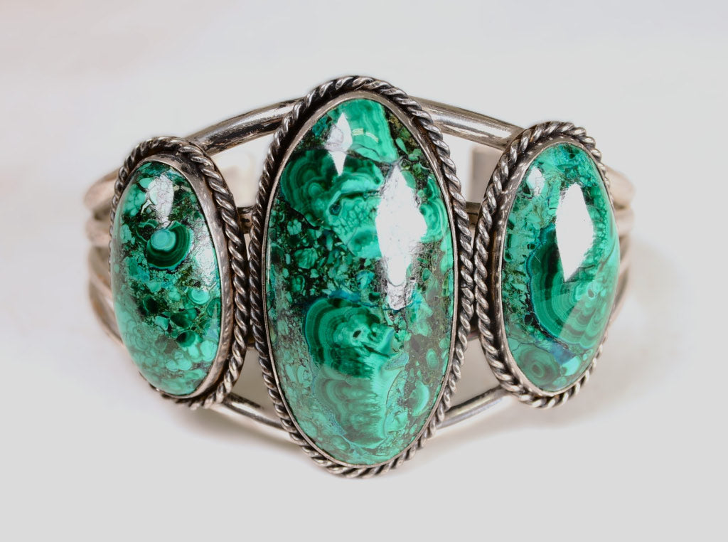 Navajo Sterling Silver Three Malachite Cab Bracelet