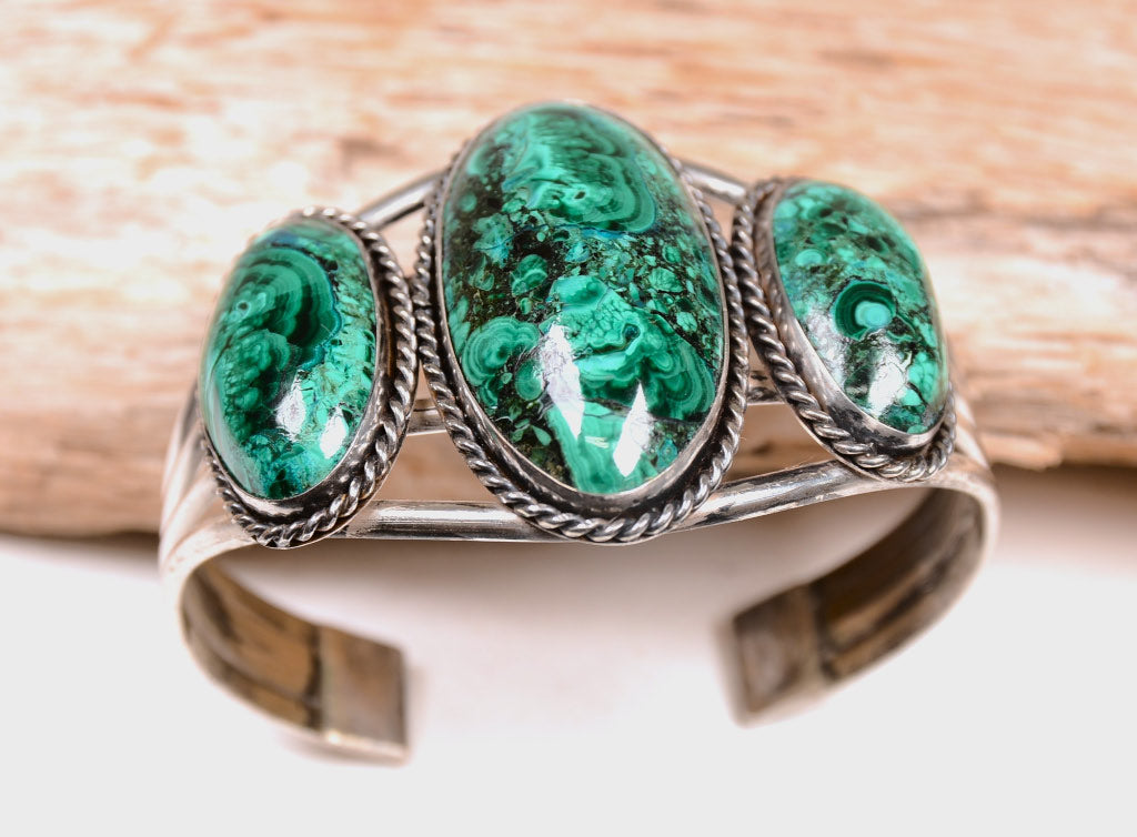 Navajo Sterling Silver Three Malachite Cab Bracelet