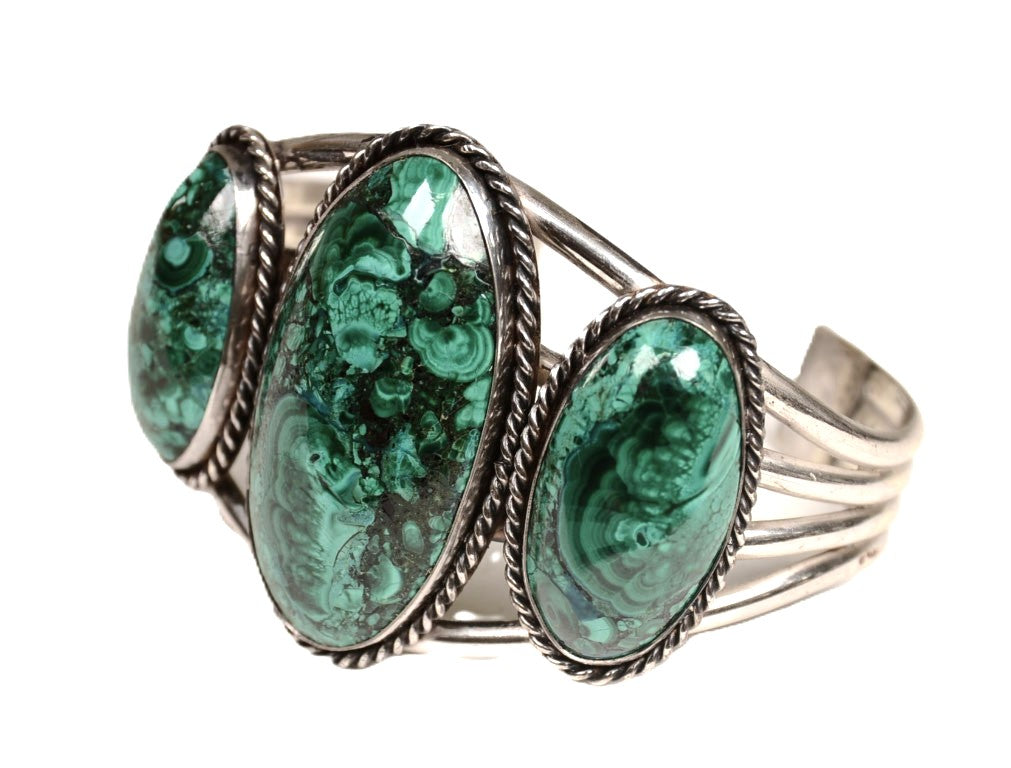 Navajo Sterling Silver Three Malachite Cab Bracelet