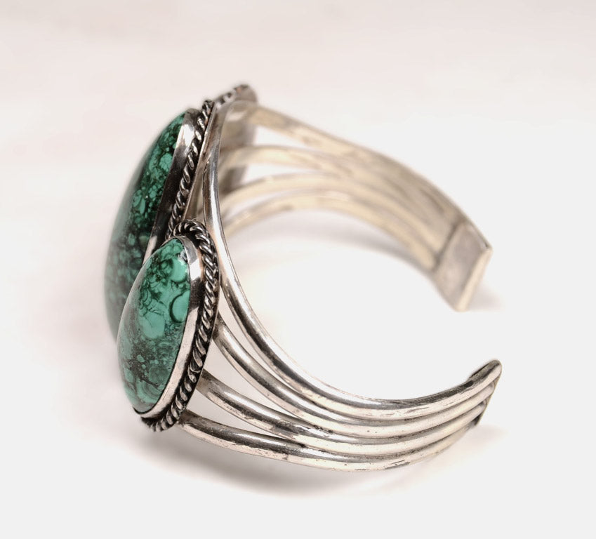 Navajo Sterling Silver Three Malachite Cab Bracelet