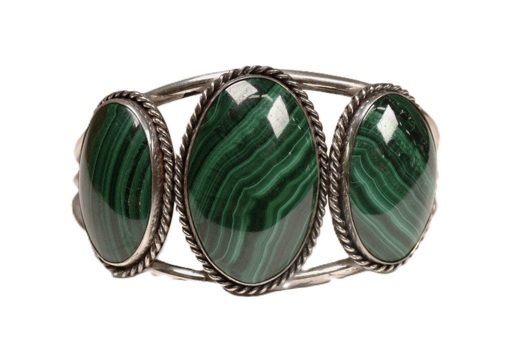 Navajo Sterling Silver Three Malachite Cab Bracelet
