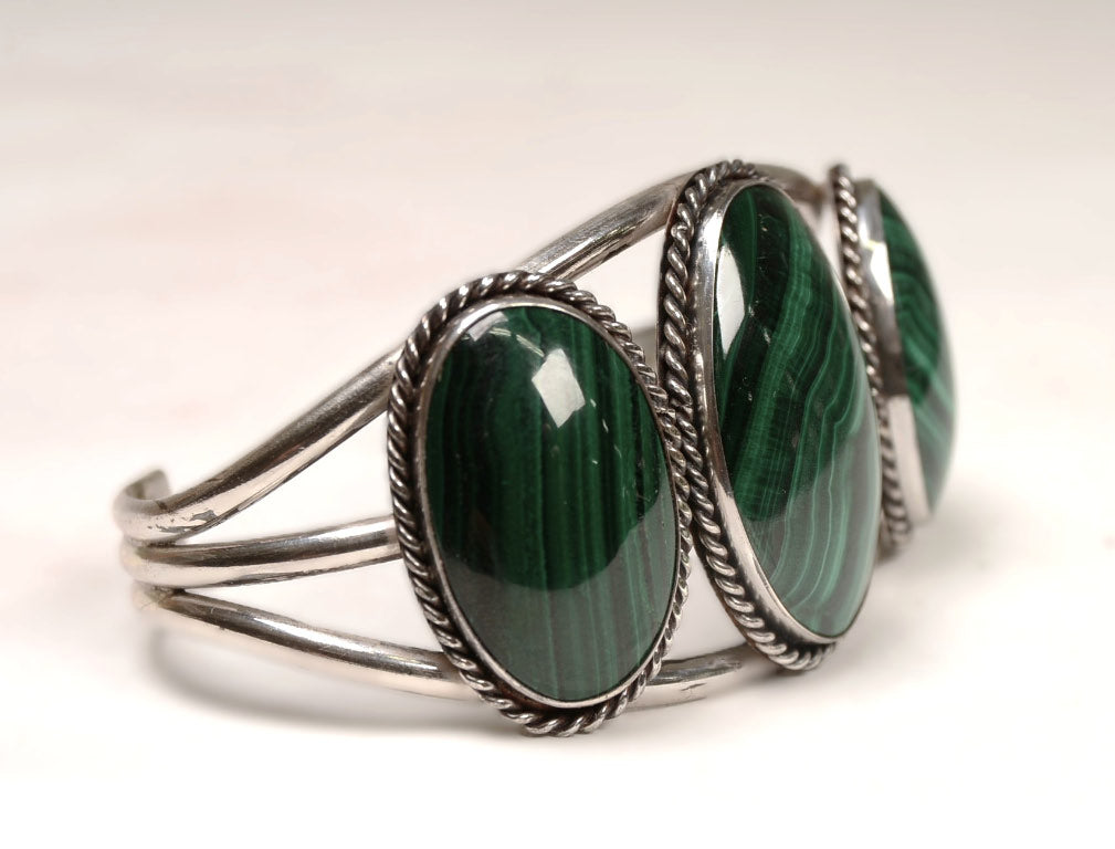 Navajo Sterling Silver Three Malachite Cab Bracelet