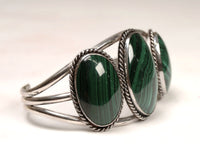 Navajo Sterling Silver Three Malachite Cab Bracelet