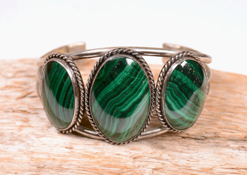 Navajo Sterling Silver Three Malachite Cab Bracelet