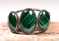 Navajo Sterling Silver Three Malachite Cab Bracelet