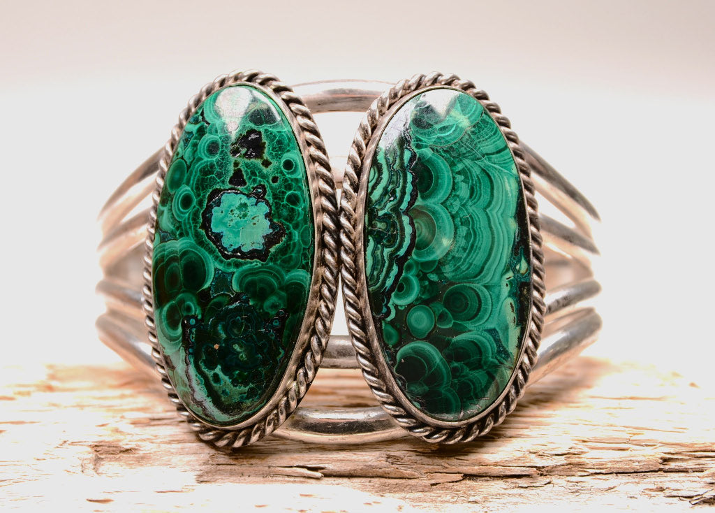 Navajo Sterling Silver Bracelet with Double Malachite Cab