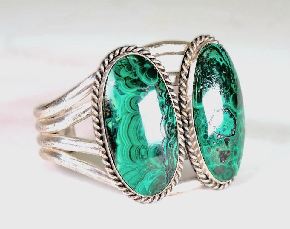 Navajo Sterling Silver Bracelet with Double Malachite Cab