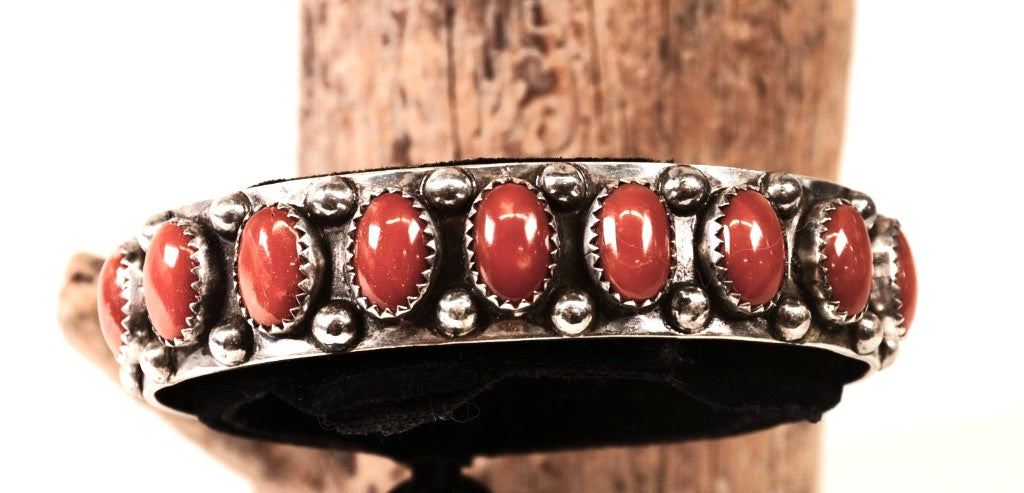 Navajo Sterling Silver Bracelet with Nine Coral Settings by Paul Lawrence