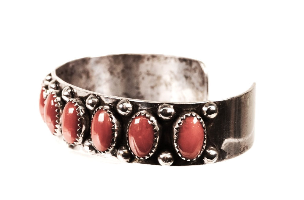 Navajo Sterling Silver Bracelet with Nine Coral Settings by Paul Lawrence