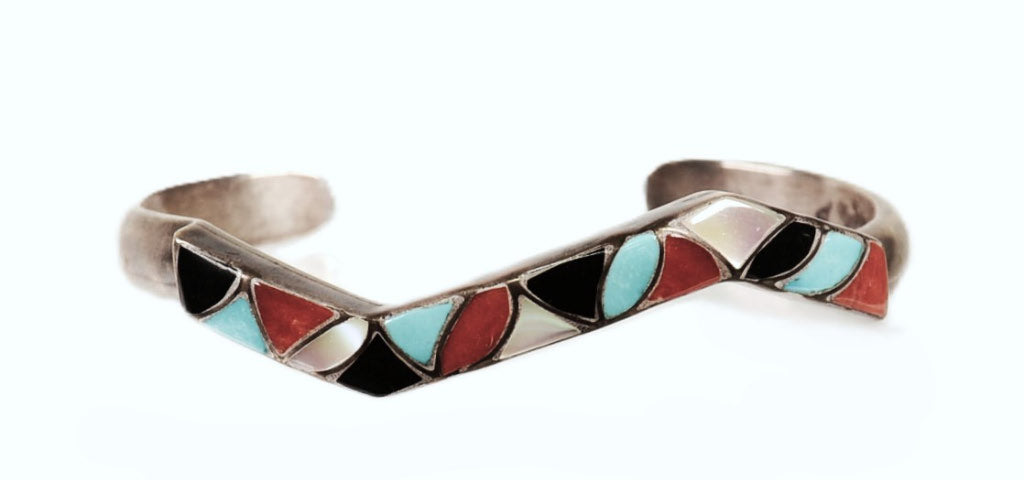 Zuni Sterling Silver Multi Stone Inlay Zig Zag Cuff Bracelet