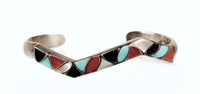Zuni Sterling Silver Multi Stone Inlay Zig Zag Cuff Bracelet