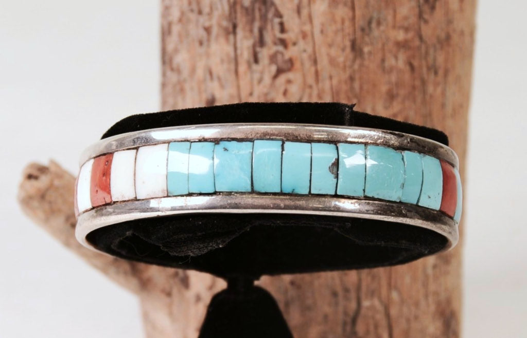 Zuni Sterling Silver Multi Stone Inlay Cuff Bracelet