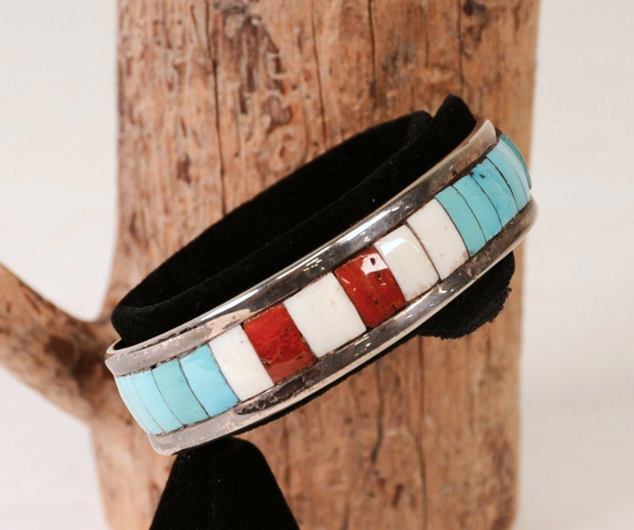 Zuni Sterling Silver Multi Stone Inlay Cuff Bracelet